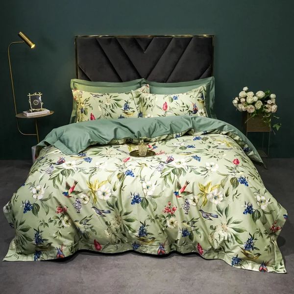 Luxury American Style 1400TC Satin Egitian Cotton Floral Bird Bianchestro Set di letti a copertina del piumino morbido Foglio foglio foglio di cuscinetti 240422