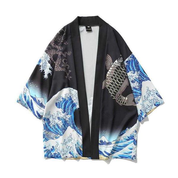 Novo designer japonês quimono cardigan homem onda carpa jacaces de impressão longa masculino fino masculino casaco superior de navio