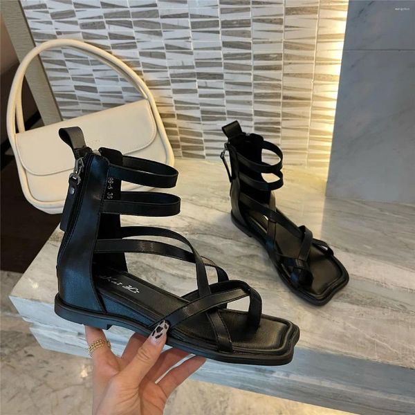 Sıradan ayakkabılar yaz siyah moda sokak kadınları fermuarlı sandaletler Roma tarzı açık ayak parmağı kadın tıknaz zapatos plataforma