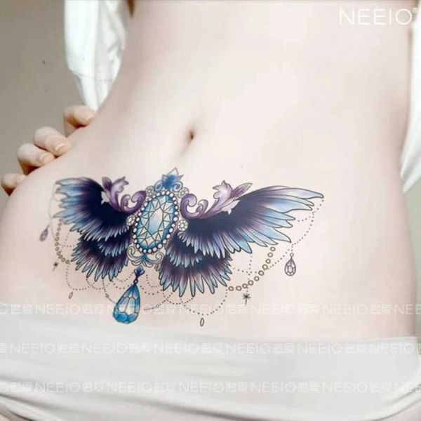 Передача татуировки длительный синий драгоценный камень поддельная татуировка для женской брюшной татуировки Сексуальные крылья временные татуировки водонепроницаемы