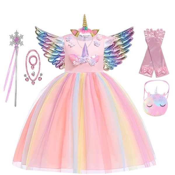 Kids Unicorn Dress for Girls Flower Appliques Abito da ballo Elegante festa di feste per feste, bambina principessa vestiti per bambini abbigliamento 240426