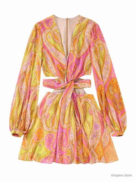 Vestidos casuais básicos edsa mulheres elegantes com impressão hollow out mini vestido de verão plissado mangas cheias amarrado em v traslado zíperes vintage vestidos