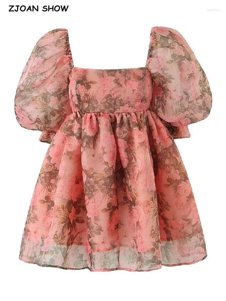 Partykleider 2024 süße Prinzessin Krawattenfarbstoff gefärbte Blumendruck Organza -Ballkleid Kleid Frauen Quadratkragen Puffhülle Mini -Robe Fee