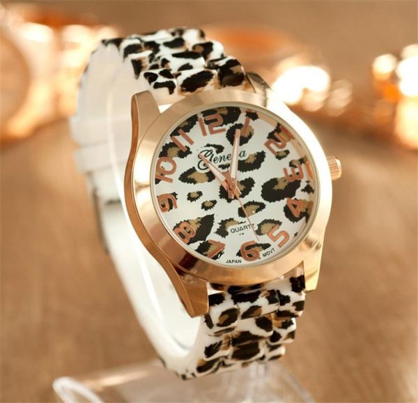 Fashion Genfer Frauen Kleid Uhren Leopard Print Silicone Watch Gold Uhr