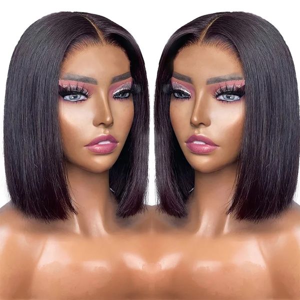 Osso reto Bob HD Lace Wigs Humanos Humanos Brasileiros Preparados 250 Densidade Peruca Frontal de renda transparente Para mulheres cabelos de cabelos de bebê Bobo