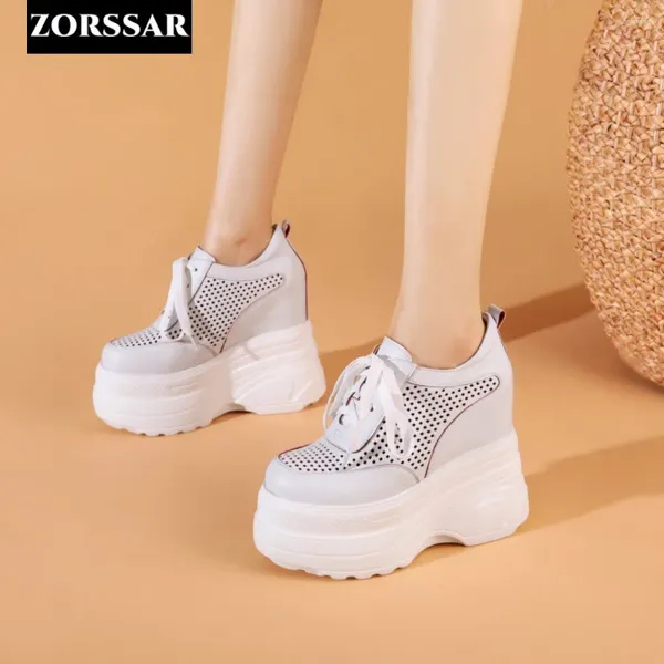 Lässige Schuhe 14 cm echte Lederplattform Wedge Sneakers Sommer Super High Heels Chunky atmungsable Freizeit hohl Out Frauen