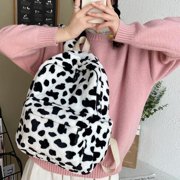 Rucksackstil Vintage Women Animal Cow Muster School Taschen Casual Weiche Plüsch Schüler Mode große Kapazität Street Reisetacks