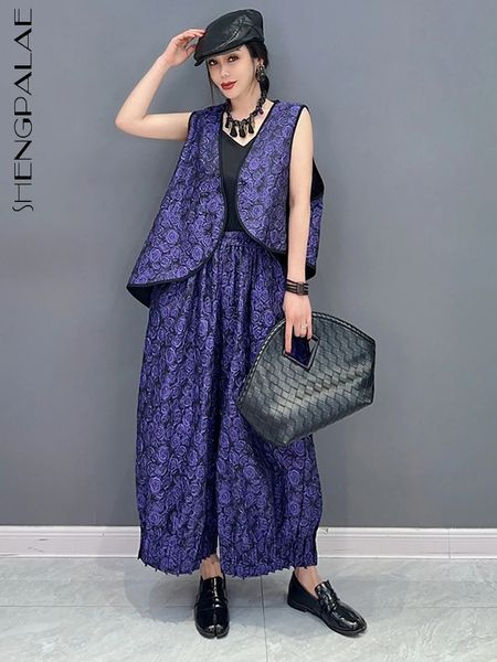 Shengpalae 2 Piece Set в китайском стиле рукавиц асимметричный жилет с повседневными свободными длинными брюками женский весенний костюм 5R1855 240420