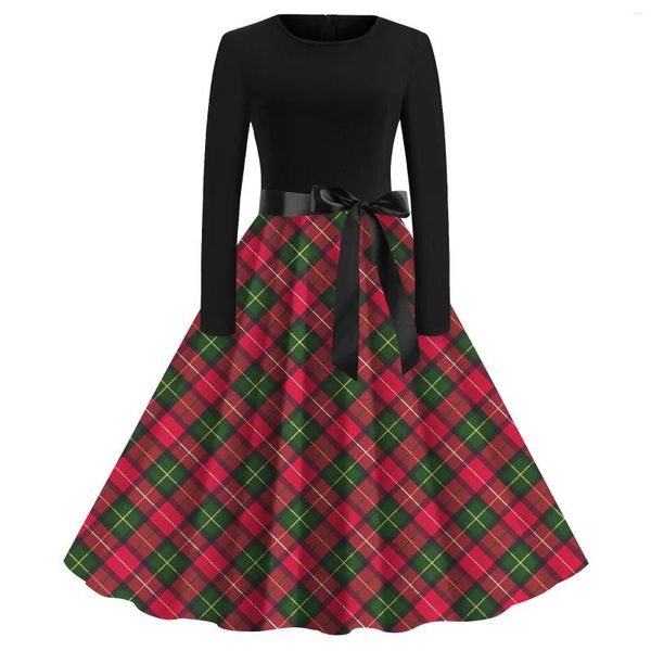 Lässige Kleider Herbst Winter Vintage Plaid Partykleid für Frauen Weihnachten einfacher Stil Langarm Crew Neck Swing Abend Vestidos