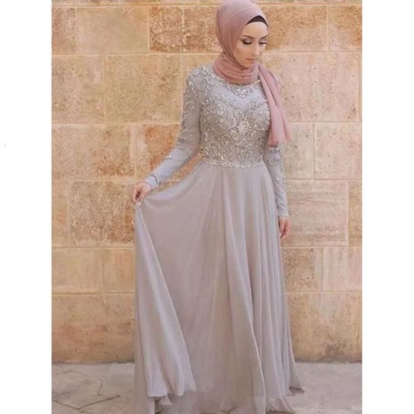 Вечерние платья Sier Grey Hijab Arabic Dubai Vintage с длинным рукавом высокая шея формальные платья для вечеринок OCN Appliqued Bc