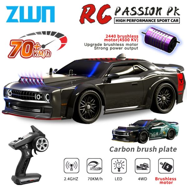 Carros zwn 1:16 70km/h sem pincel RC Drift Car com luzes LED 4WD Electric High Speed Racing Remote Control Monster Truck for Kids Presente