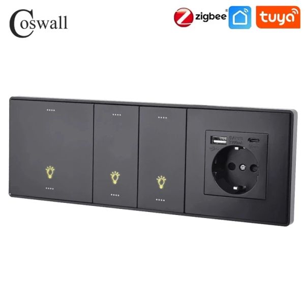 Chargers Coswall Siyah Mat PC Panel Zigbee 3.0 Açık / Kapalı Anahtar Sahne Anahtarı Yandex, Normal AB Soketi USB Şarj Cihazı TV RJ45 Modüller DIY