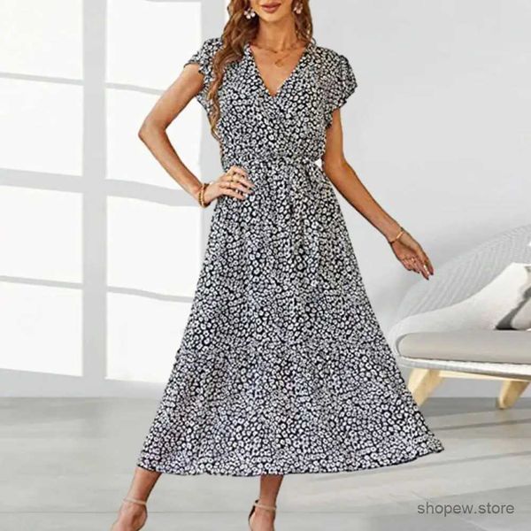 Vestidos casuais básicos Mulheres vestido médio com cinto de verão Flowy Summer Print Floral Vestido Bohemia Vestido feminino PETEL PETAL MIDI MIDI com cintura de renda