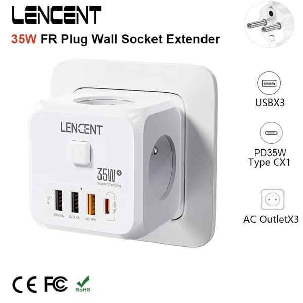 Adattatori Lencent 35 W Schema murale della striscia di alimentazione con 3 AC +3 USB QC 18W +1 Tipo C PD 35W Caricatore veloce Adattatore 7in1 Switch On/Off