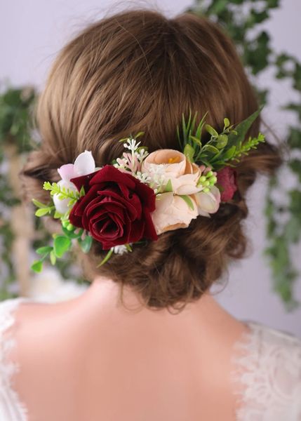 Cabelo de flor chique pente vermelho rosa de casamento acessórios de cabelo de noiva feminino glamour feminino pinos de cabelo de moda de moda de vinha para mulheres