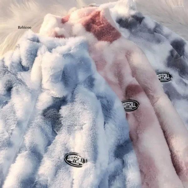 Giacche da donna tie-dye peluche giacca invernale calda più velluto in agnello spesso abiti rosa rosa abiti da donna coreano