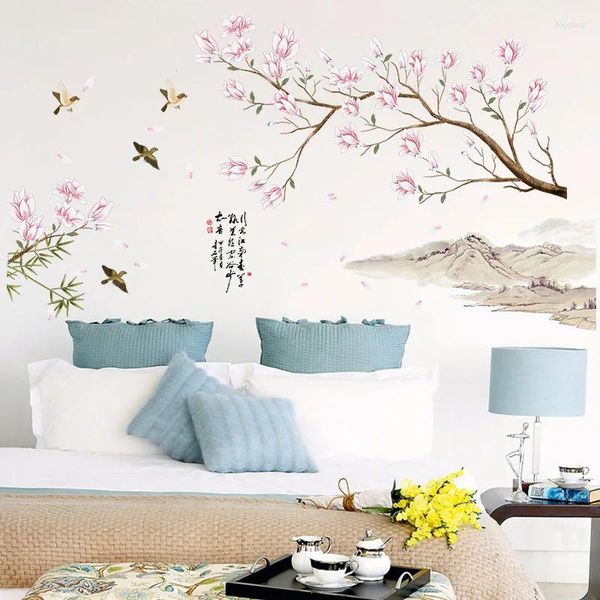 Adesivi a parete 115 75 cm in stile cinese Pesca di pesca uccello paesaggio arte decorazione per la casa per camera da letto Bellissima decorazione della stanza di divano TV