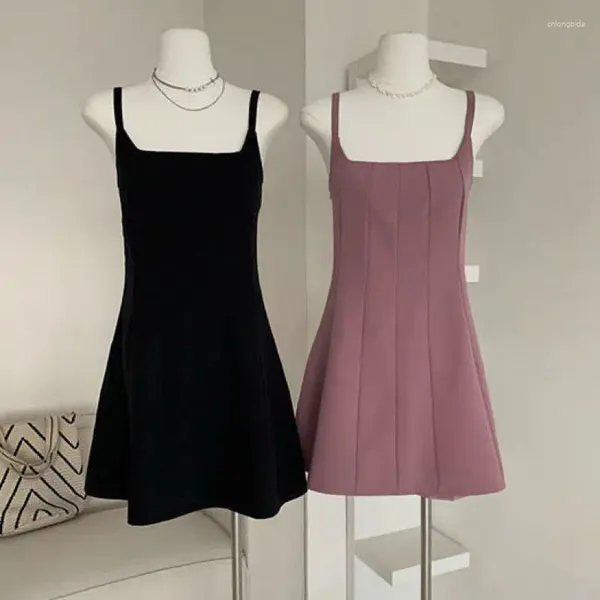 Lässige Kleider Spleißen Blütenknospen-Schnürkleid Kleider Sommer Frauen französischer Hosenträger A-Line-Rock Solid Falten Mini Lady Party Party