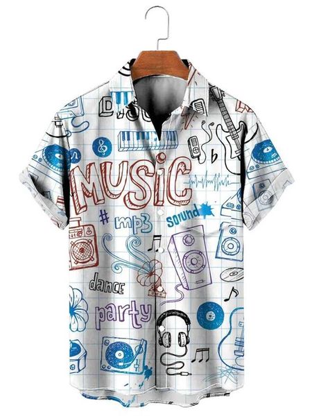 Herren lässige Hemden Musik Notiz Hawaiian Shirts 2023 Sommer 3D Prinker Urlaub Strandhemden Casual Vintage Kleidung Frauen Lapel Bluse Plain Hemd 240424