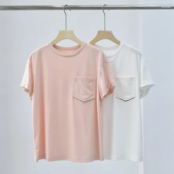 Damen T-Shirts Feste Farben Rollte kurzärmelige T-Shirt-Perlenkette Taschen Mode 2024 Sommer Damen O-Neck Casual Cotton Tee