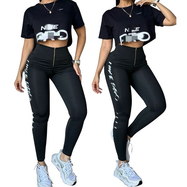 DONNE PANTANI A due pezzi Abbigliamento estivo Black Sport Sports Abbigliamento Casualmente Casual Cropped e leggings Jogging Set Free Ship