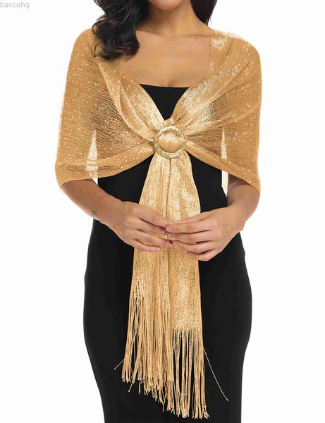 Scialcini scintillanti sciarpa metallica con fibbia femminile da donna a scialle oro shawl shiny argento per i matrimoni da sposa con la damigella d'onore avvolgenti D240426
