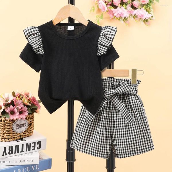 Kleidung Sets Sommer Plaid Set Kinder Mädchen Kleidung Kurzarm T-Shirt Belt 3-7 Jahre alte Mode lässige süße Kinder für Mädchen