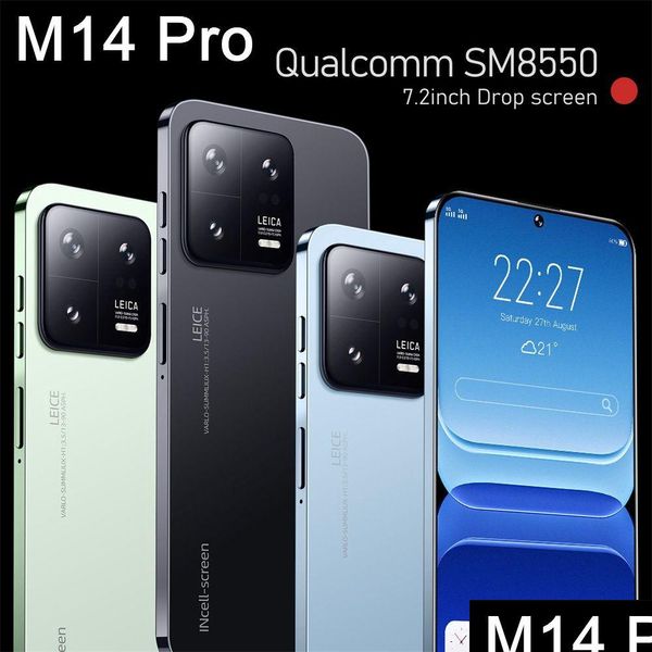 Telefones celulares M14 Pro Android Smartphone Touch Sn Color 4G 8GB RAM 64GB 128GB 256GB ROM 7.3 polegadas HDADD Smart Wake Support para DHRV6