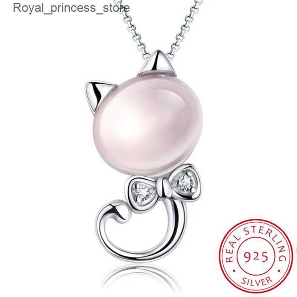 Подвесные ожерелья 925 Серебряный серебряный серебряный розовый лунный лампа Каменная кошка подвесное ожерелье женского подарка 45 см. Цепное ожерелье Kolye S-N75 Q240426