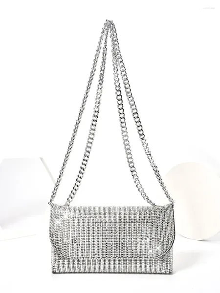 Akşam çantaları rhinestone bling kadın mini telefon çantası flep kapak çanta çanta kadın parti gümüş elmas metal zincir crossbody messenger