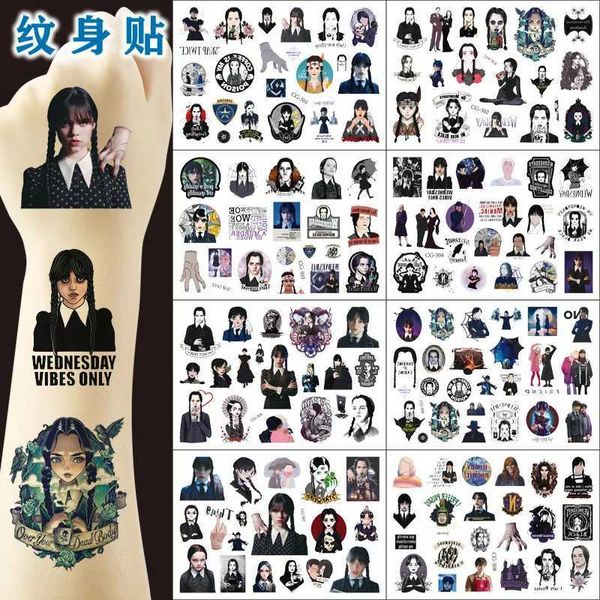Tattoo Transfer 2023 Neue TV -Serie Mittwoch Addams Film Tattoo Sticker Movie Art Sticker für Frauen Girls Rollen Spaß für Kid Toy 240426