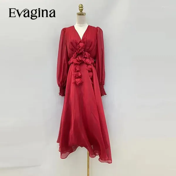 Vestidos casuais Evagina Designer de passarelas de moda feminina Retro redonda de mangas compridas Retro Retro Decorativo Tule Red Dress Dress