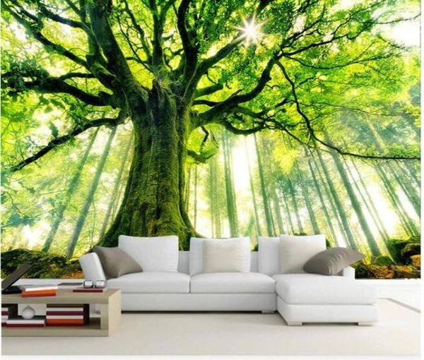 3D Papel de parede Mural personalizado Não tecidos adesivos de parede de árvore da floresta parede é pinturas do sol