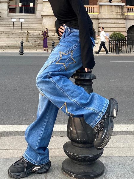 Jeans femminile stelle ricamate vintage hip hop high street sciolte gambe cimaste criminali pantaloni da carico pantaloni in denim blu blu blu