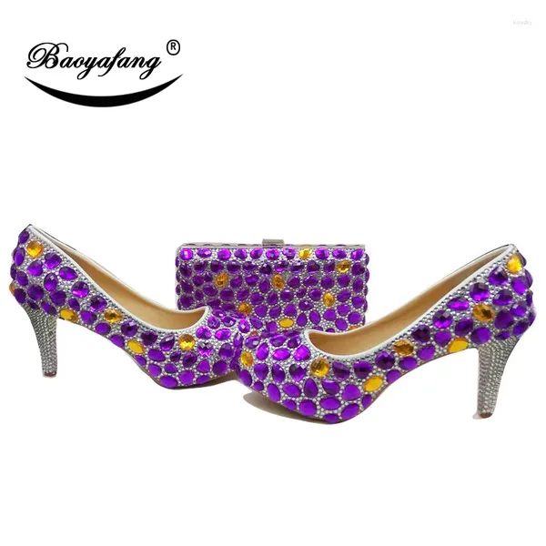 Sapatos de vestido Baoyafang Purple Rhinestone Women Wedding With Sacos Combinantes Feminino e Pursa Sapato de Plataforma