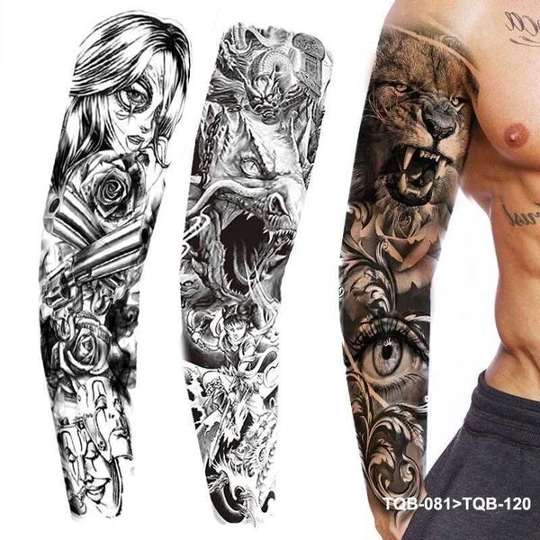 Tatuagem Transferência de tatuagem Impermeável Tattoo Tattoo Skull Lion Full Arm Full Size Tattoo Tattoo Fake Tattoo Flash Tattoo For Men Mulheres 240427