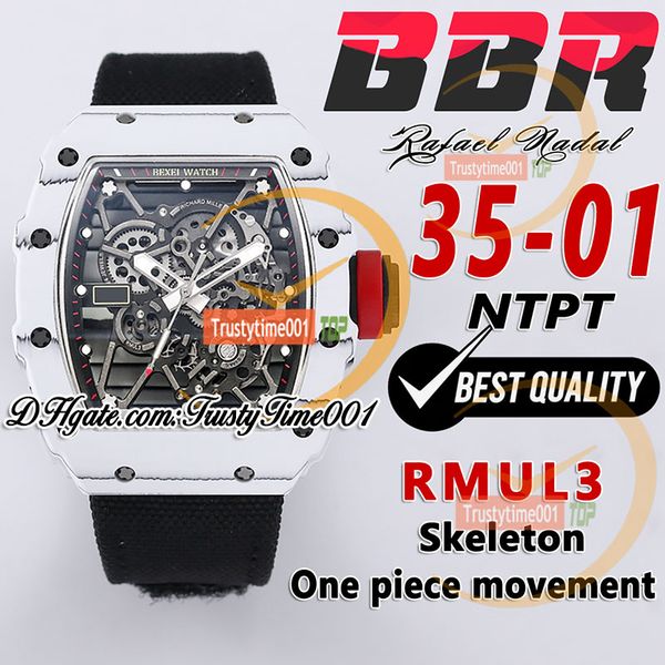 BBR 35-01 RMUL3 Mechanische Handwinding-Herren Watch White NTPT Carbon Fasergehäuse Skelett Zifferblatt Schwarz geflochten