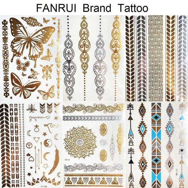 Transferência de tatuagem transferência dourada de pulseira metálica tatuagem temporária henna mandala flor menina tatuagem adesivos indianos mulheres braço flash tatoos perna 240426