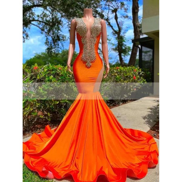 Mermaid Long Black Girls Orange Prom Vestres Badys Crystals Rhinestone Deep V Neck Neck Night Dress Open Open Back Sleesess Party Dales BC15130 0303