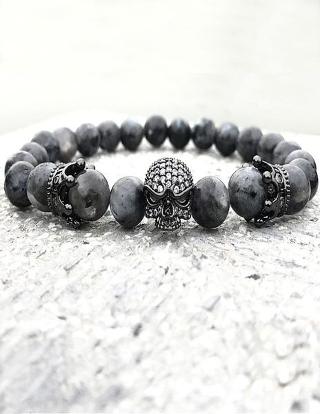 Männer Schädel Charme Armbänder Indien Labradorit 8mm Natursteinlichtperlen Europäisches Buddha Armband für Männer handgefertigte Armbänder 6060484