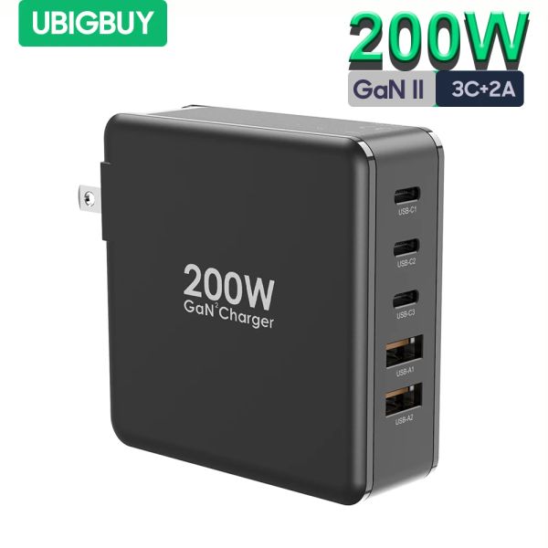 Chargers ubigbuy 200w USB C Charger de parede, estação de carregamento rápida de 5port Gan II PPS PD 100W 65W Adaptador