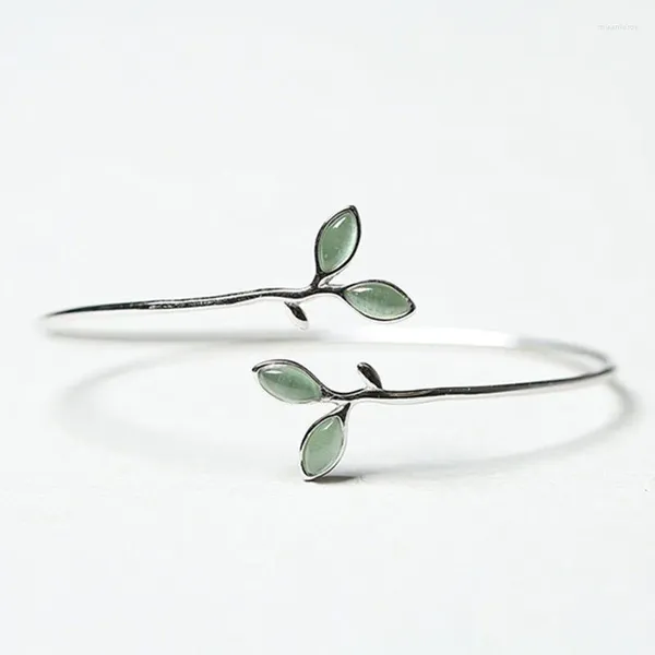 Blangle 925 Timbro Silver Color for Women Green Opal Leaf Twigs Branch Girlry Girls Drop