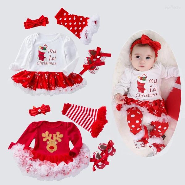 Kleidung Sets Baby -Mädchen Kleidung von 3 bis 12 Monaten Weihnachten Schneeflockenkleid Set Cartoon Langarm mit Schuhen 4 PCs