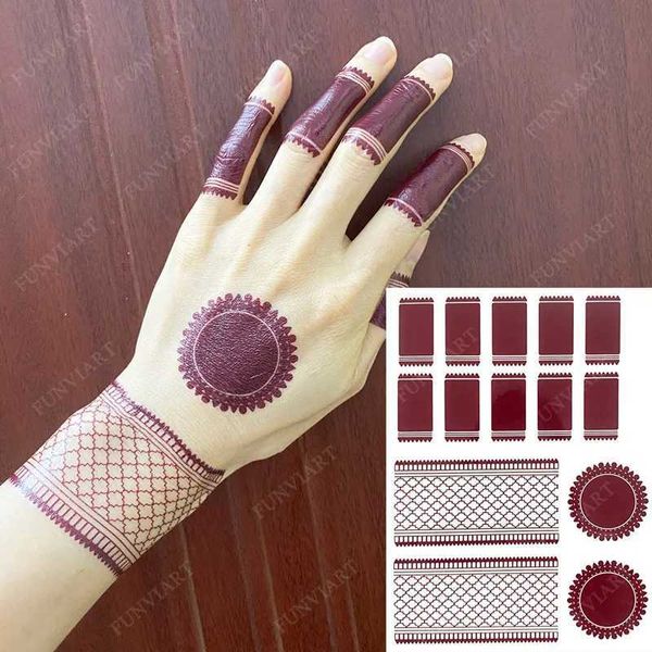 Tattoo Transfer Maroon Henna Tattoos für hand wasserdichte temporäre Tattoos Frauen Hochzeitskörper Kunst Mehndi Aufkleber gefälschte Tattoo Lace Hena Tatoo 240427