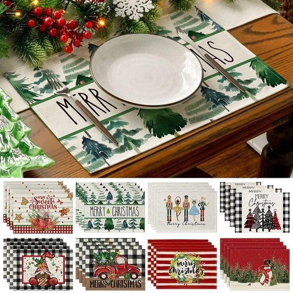 TATS de mesa 4pcs linho de natal estampado local tape de café xícara de chá placemat short pad ano decoração de jantar