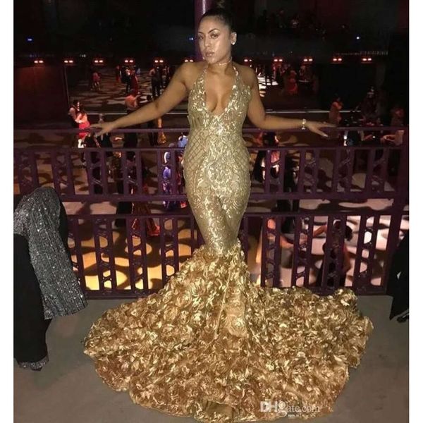 Sirena ballo lungo abiti dorati in pizzo 2019 Halter paillettes applique 3d floreale sweep formale festa da sera da sera BA8147