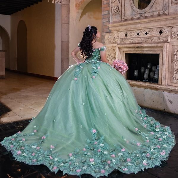 Princesa verde clara Lace 3d Florals Tull Quinceanera Dress for Girls Sweep 16 Trem do ombro vestido formal vestidos 15 De