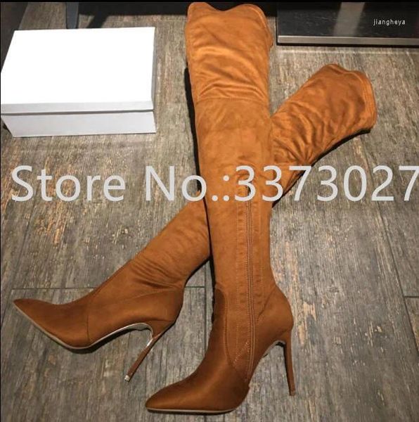 Stiefel braune Wildleder Metall Ferse Frau lang sexy nackte Farbe dünne Beine Oberschenkel High Lady Party Schuhe Dropship Knie