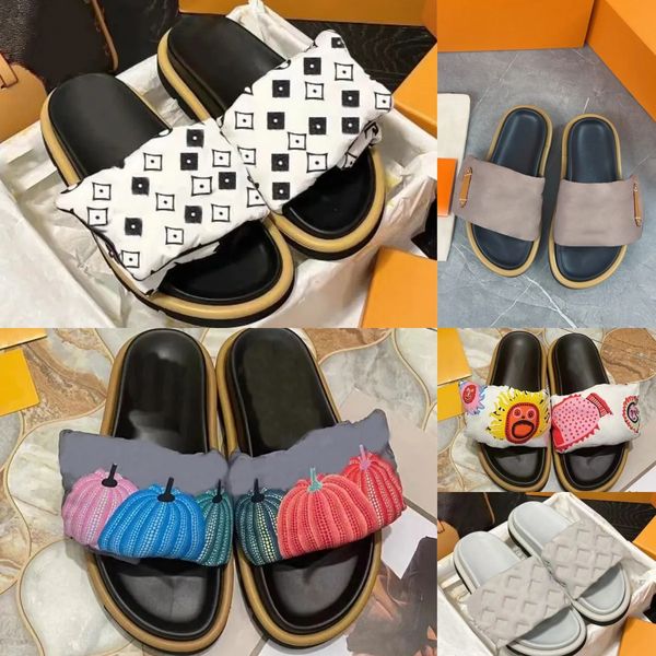 Designer Sliders Pantoffeln Frauen Männer Pool Kissen Slides Mode klassische Drucke flache Komfort Mules Sommer Sandalen Strand blau weiße Sandalen mit Kastengröße 36-45