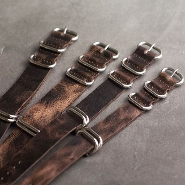 OntheLevel Кожаный ремешок для НАТО 20 мм 22 -мм 24 -мм Zulu Strap Vintage First Layer Кожаная часовая лента с пятью кольцами пряжка #E CJ1912269